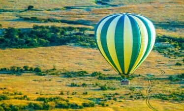 Colorful balloon over green landscape