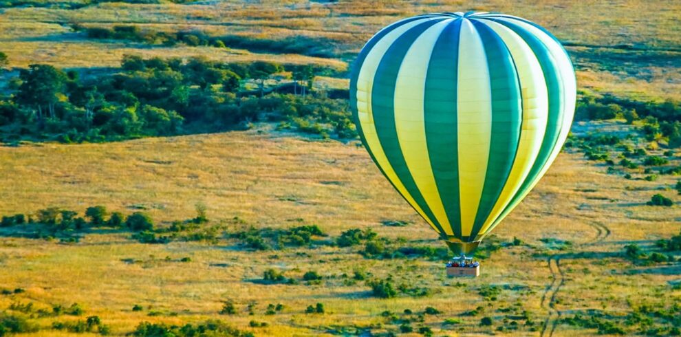 Colorful balloon over green landscape