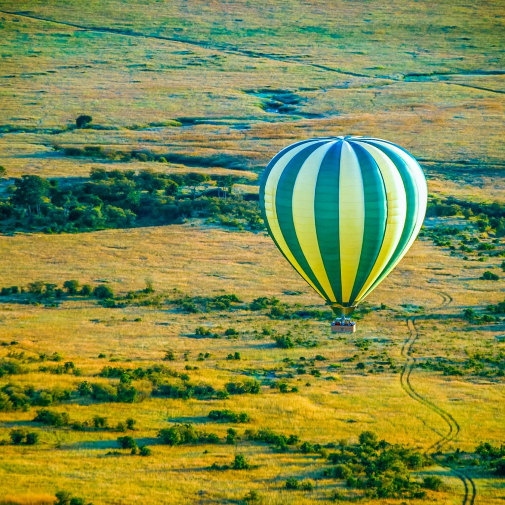 Colorful hot air balloon over landscape
